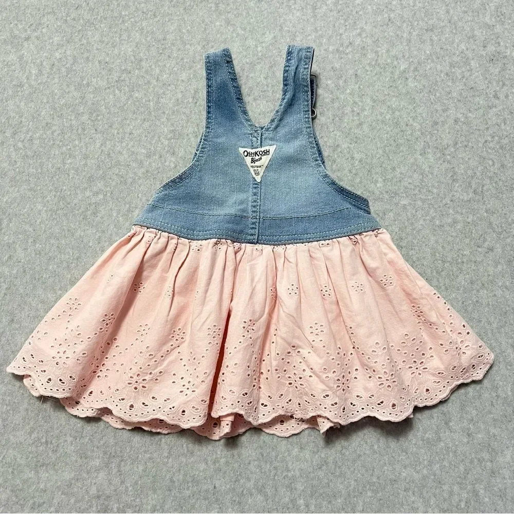 OshKosh B'gosh Denim and Eyelet Overall Dress Size 12 Months Pink
